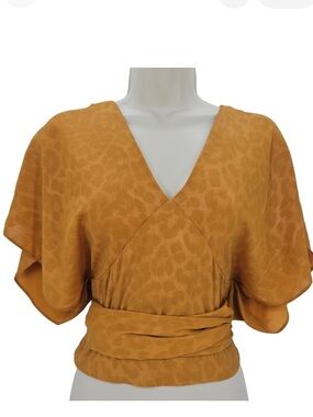 Anthropologie Mustard Orange Leopard-Print V-Neck wrap Top